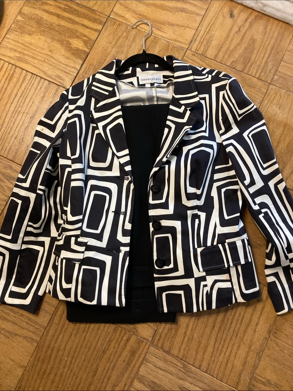 Black & White Geometric jacket /solid black pants & Geometric strapless top